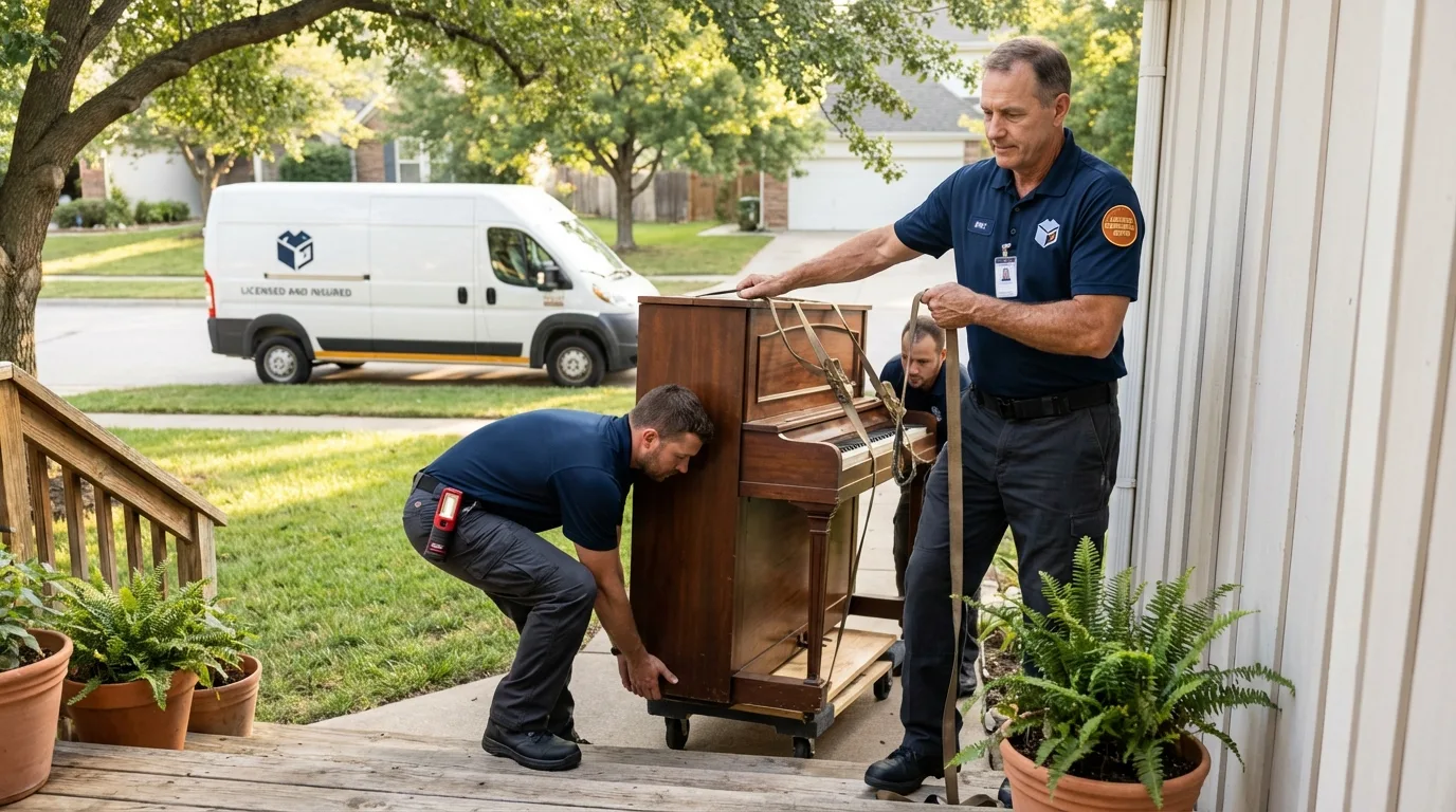 Licensed piano movers securing grand piano in Ligonier, PA
