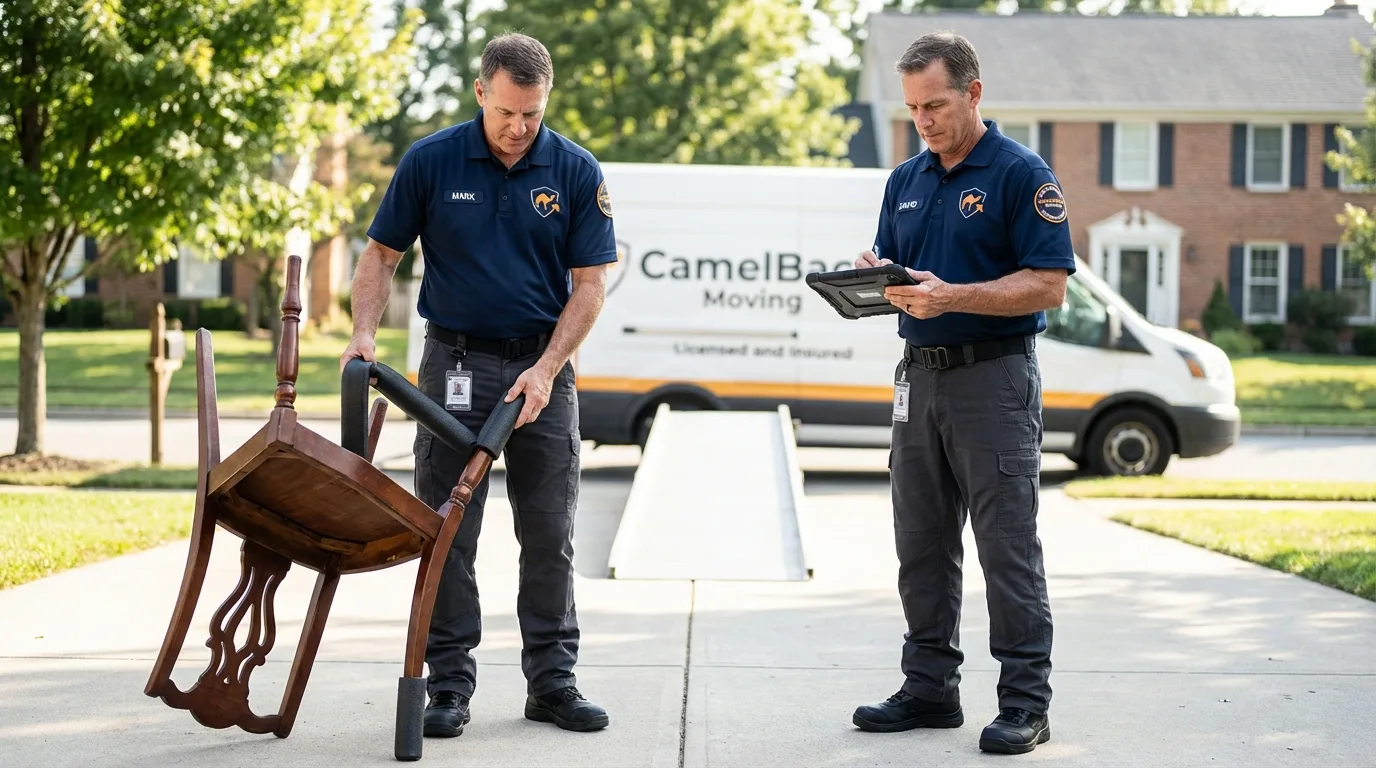 Movers inspecting furniture for damage prevention before loading in Ligonier, PA