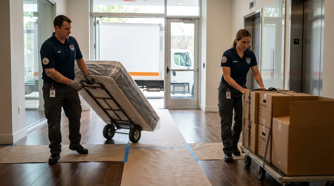Professional apartment movers loading elevator in Ligonier, PA