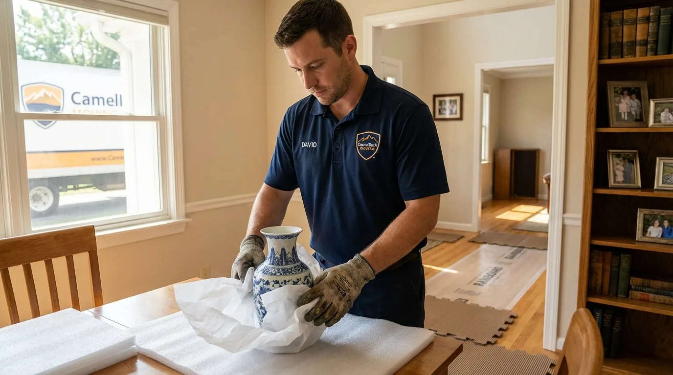 Professional crew carefully wrapping antique vase for senior downsizing move in Ligonier, PA